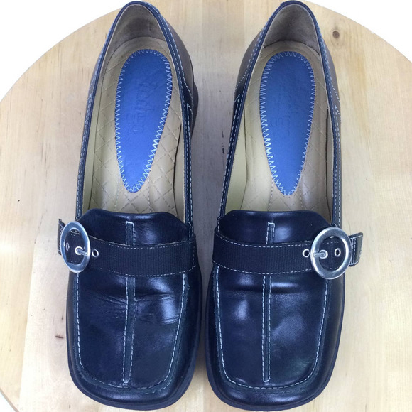 Indigo Women's Leather White Stitch Square Toe Buckle Slip On Wedge Loafer 7M - Picture 6 of 16